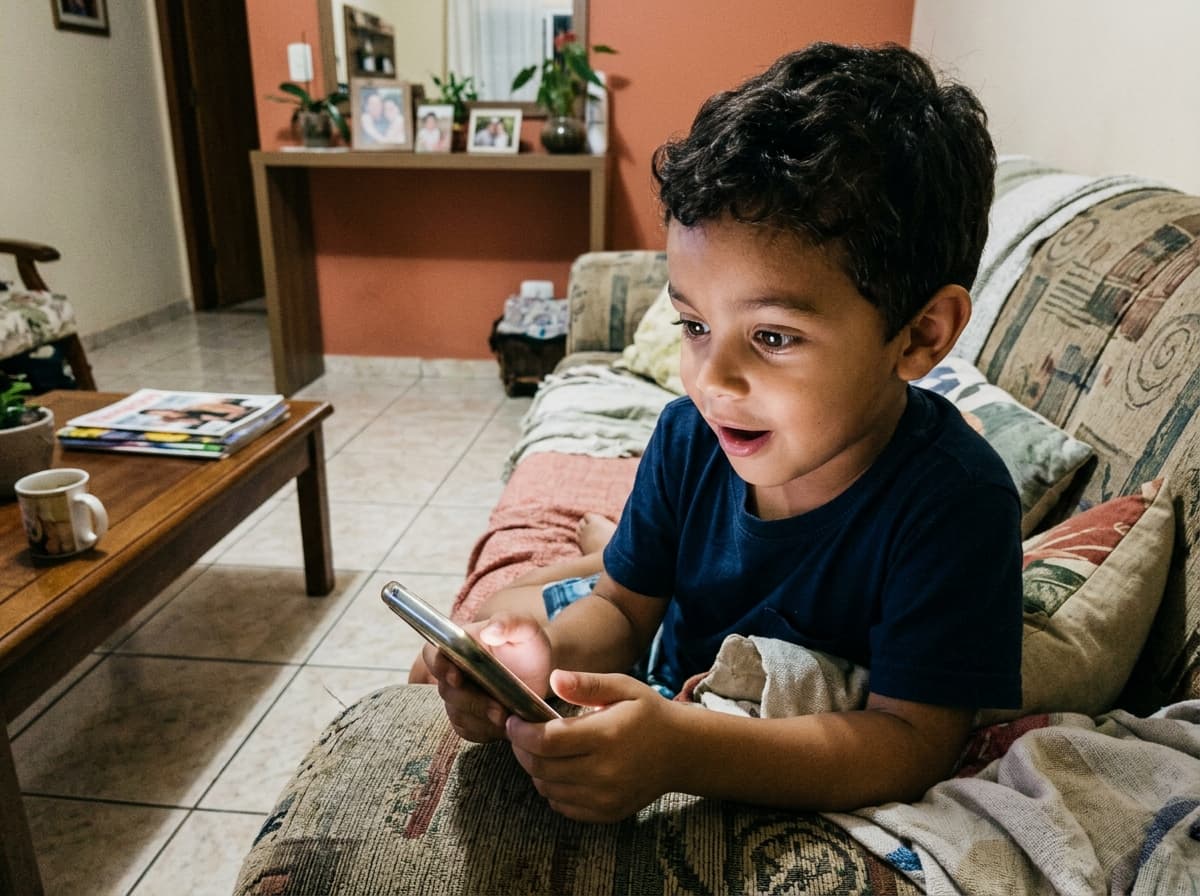 Menino de 5 anos surpreso olhando para a tela do celular